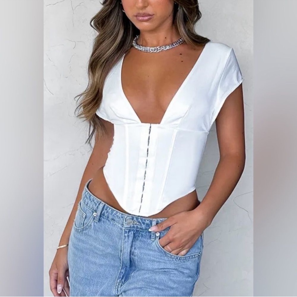 White Fox Boutique White Satin V Neck
Bustier Buckle Up Corset Top